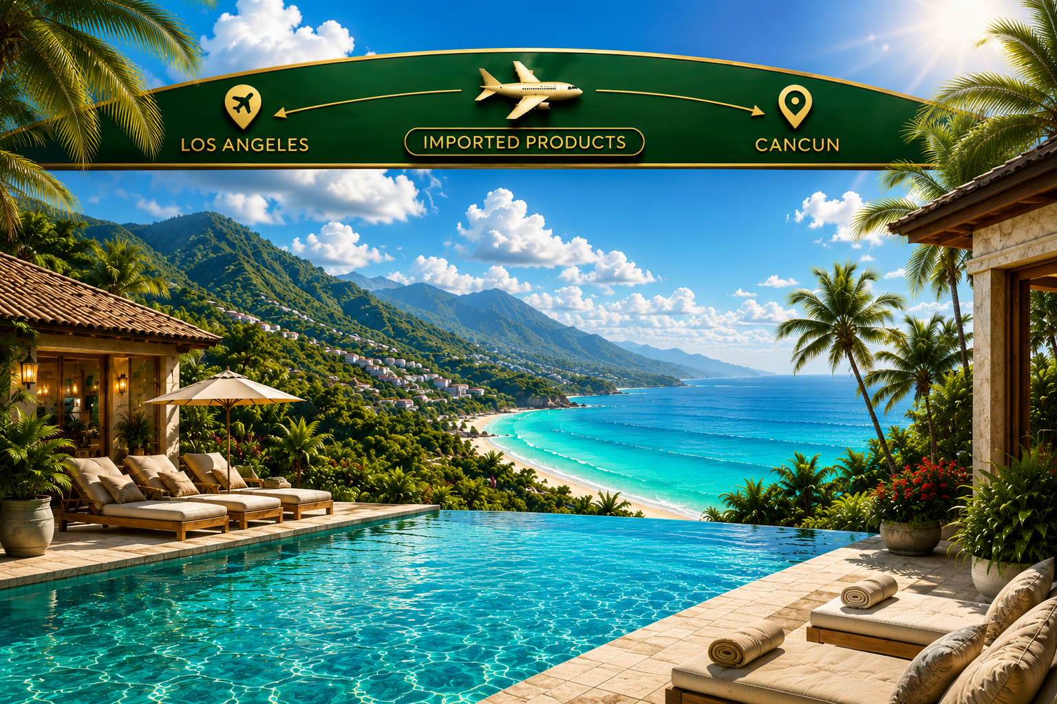 Los Angeles to Cancun imported products — luxury infinity pool over the coast